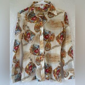 Vintage 1970s Lady Manhattan sheer, cream button up, cigar label novelty print